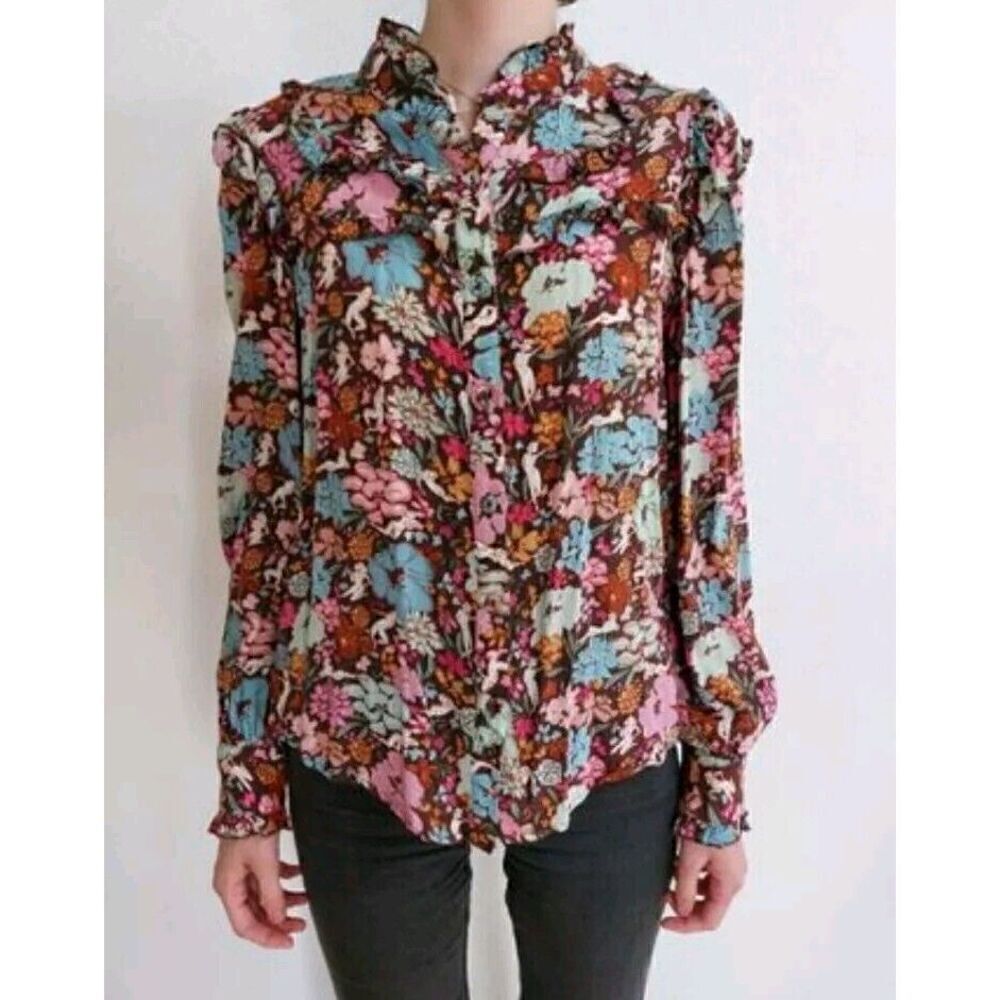 FRNCH PARIS Nude Lady Floral Button Front Ruffles Women's Size Medium Longsleeve